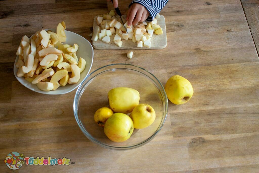 Apfelmarmelade selber machen - Die Kinder schneiden die Äpfel mit Schüssel